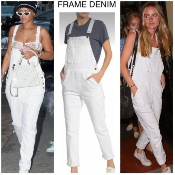 Frame Denim Le Garcon White Denim Overalls ASO Rhianna Isabella Calthorpe Size M - Picture 7 of 13
